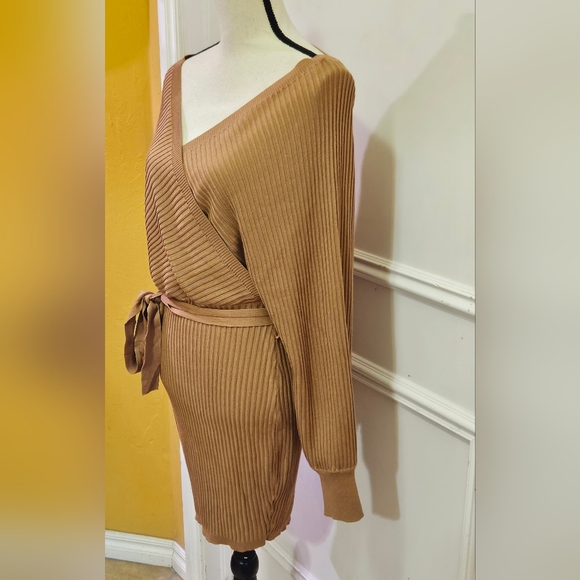 Love Tree Tan Ribbed Front Cross Long Sleeve Lightweight Sweater Dress,Large,NWT - Picture 3 of 16